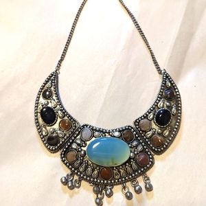 Vintage Boho Necklace Silver with River Agate Stones, bought in India